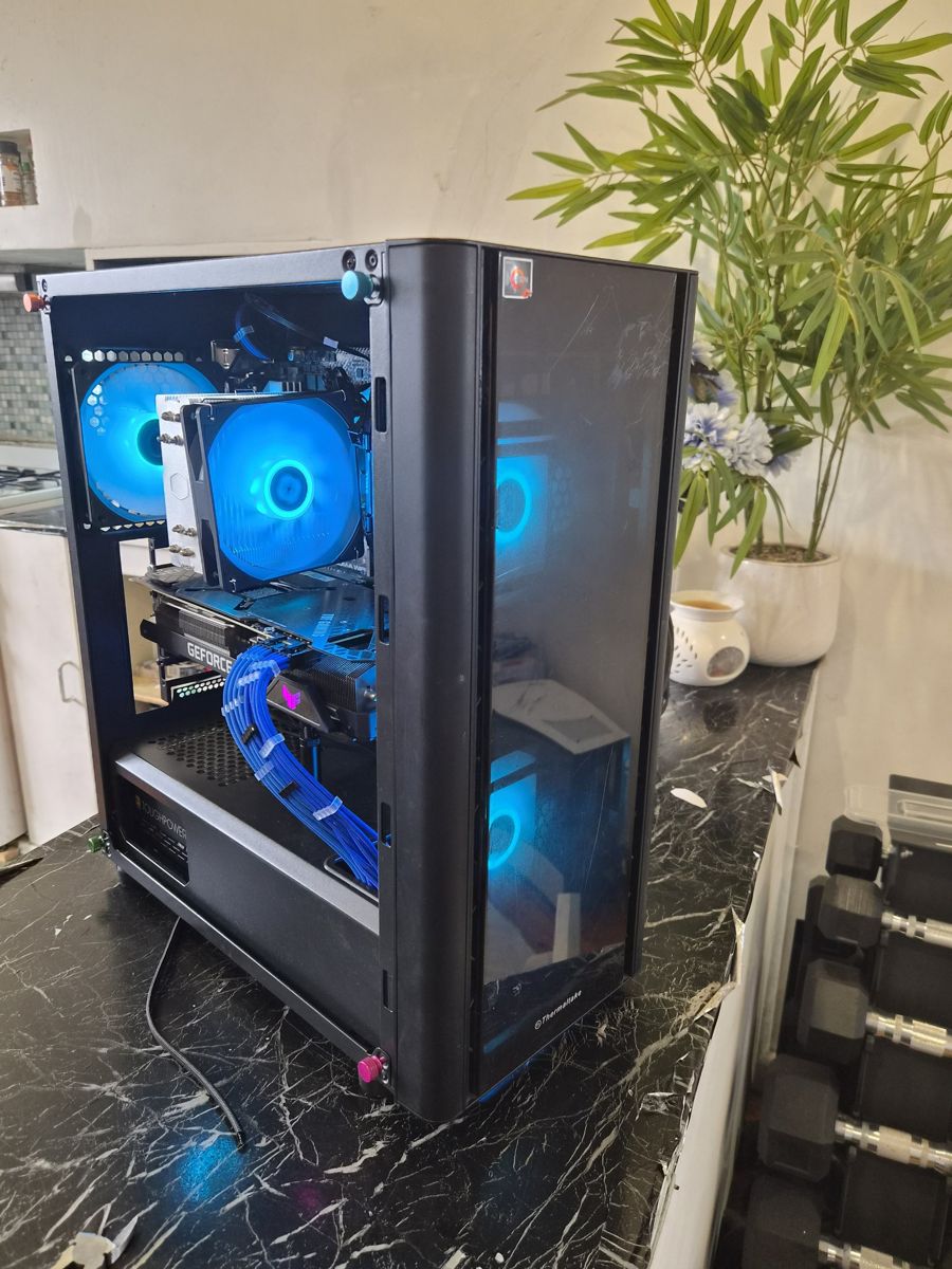 A custom gaming PC with blue lighting